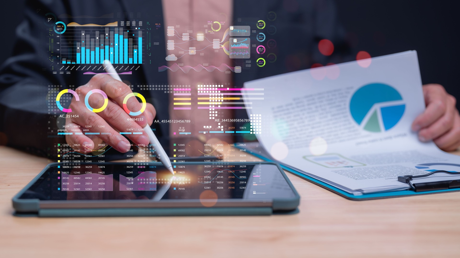 Data Analytics in Action, Professional utilizes tablet to analyze data, modern analytics methods through visual representations and charts