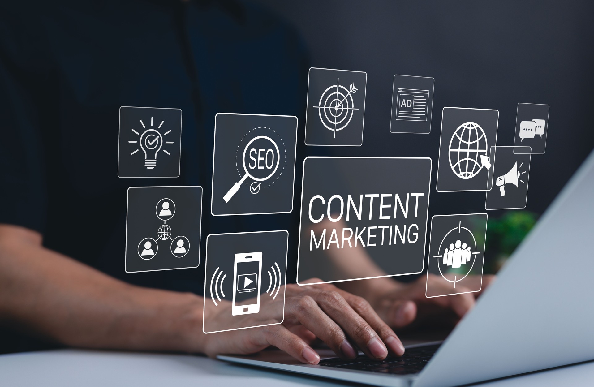 Content marketing and SEO digital strategy concept. Businessman working on a laptop with content marketing icons, SEO, and digital advertising. online marketing, brand promotion, audience engagement,